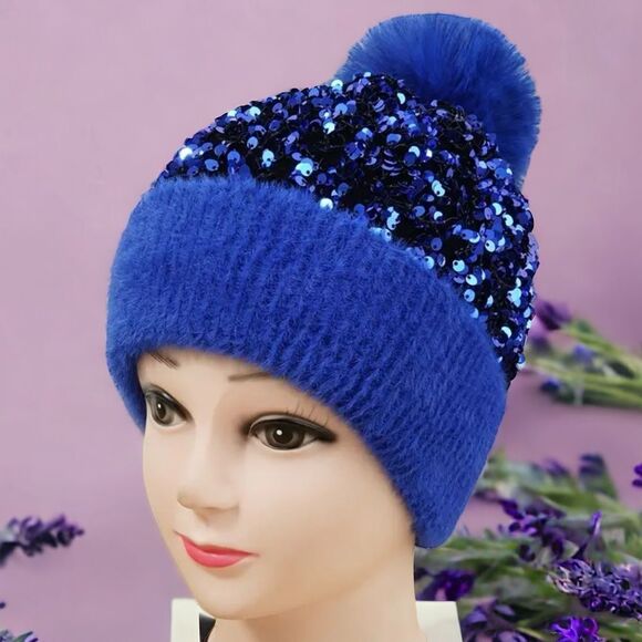 SEQUINS WARM KNITTED BEANIE HATS FOR WOMEN SPARKLING SOFT FLUFFY POM POM NEW - Picture 2 of 10
